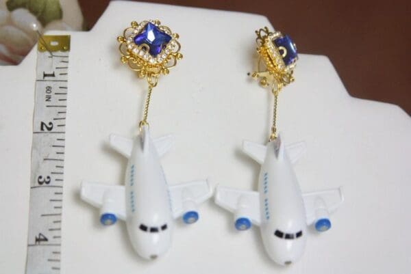 SOLD! 4021 3D Effect White Airplane Blue Crystal Studs Earrings - Image 8