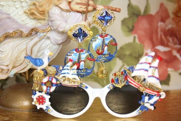 SOLD! 4026 Medieval Hand Painted Nautical Ship Anchor Studs Earrings - Image 3