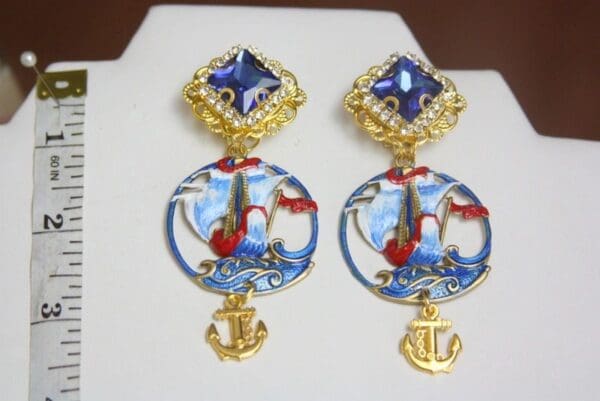 SOLD! 4026 Medieval Hand Painted Nautical Ship Anchor Studs Earrings - Image 8