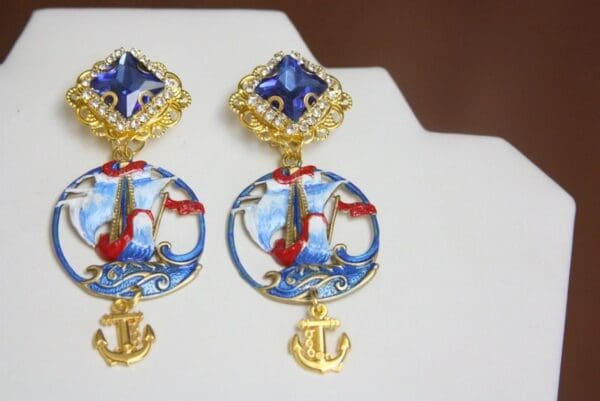 SOLD! 4026 Medieval Hand Painted Nautical Ship Anchor Studs Earrings - Image 9