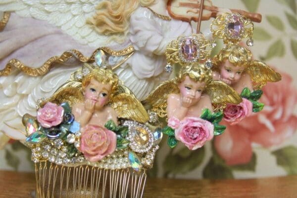 SOLD! 4039 Hand Painted Cherubs Crystal Roses Studs Earrings