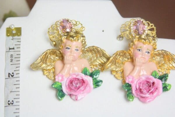 SOLD! 4039 Hand Painted Cherubs Crystal Roses Studs Earrings - Image 8