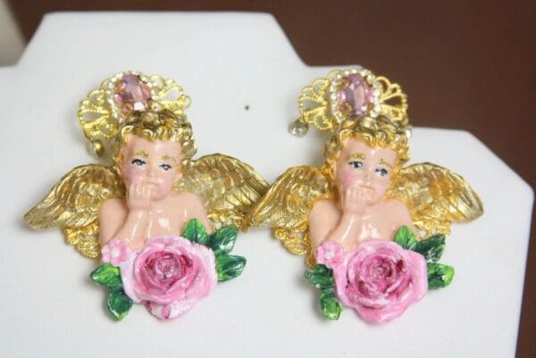 SOLD! 4039 Hand Painted Cherubs Crystal Roses Studs Earrings - Image 9