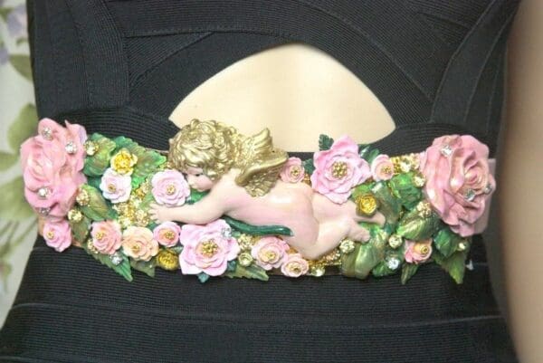 SOLD! 4063 Baroque Vivid Cherub Angel Hand Painted Flowers Crystal Waist Belt Size L, XL - Image 2