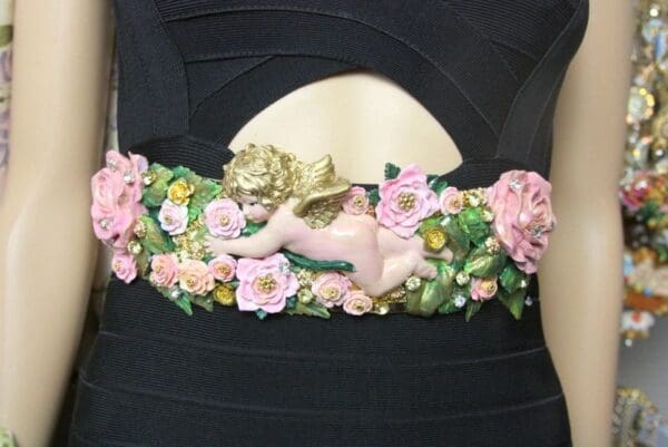 SOLD! 4063 Baroque Vivid Cherub Angel Hand Painted Flowers Crystal Waist Belt Size L, XL - Image 7
