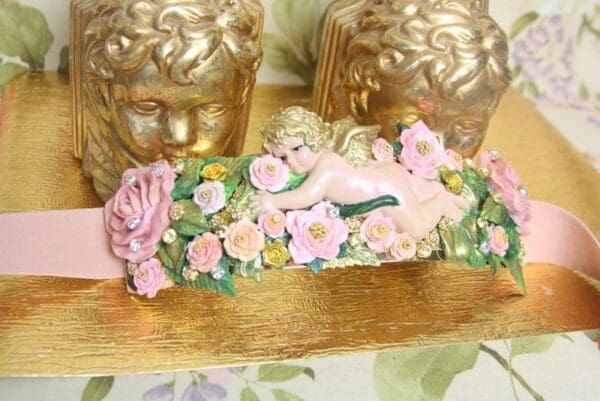 SOLD! 4063 Baroque Vivid Cherub Angel Hand Painted Flowers Crystal Waist Belt Size L, XL - Image 8