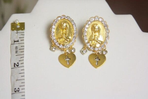 SOLD! 4064 Virgin Mary Madonna Gold Tone Metal Earrings Studs - Image 2