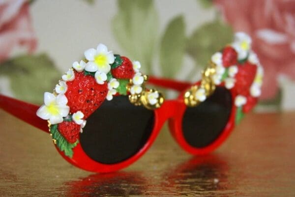 SOLD! 4065 Baroque Strawberry Flowers Red Embellished Sunglasses - Image 3