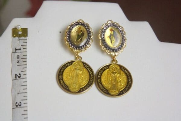 SOLD! 4069 St. Benedict Icon Gold Tone Metal Earrings Studs - Image 2