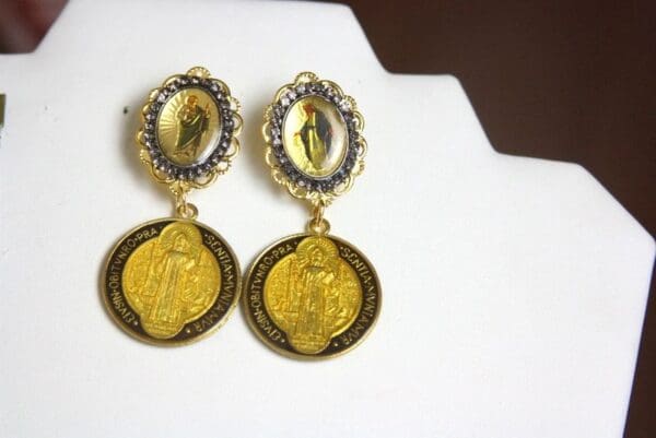 SOLD! 4069 St. Benedict Icon Gold Tone Metal Earrings Studs - Image 3