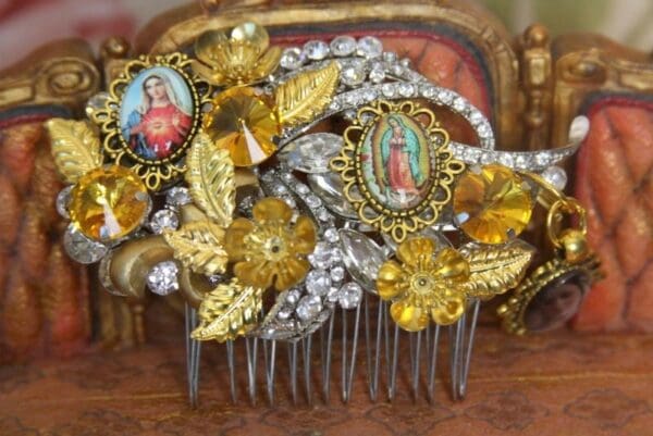 SOLD! 4071 Virgin Mary Crystal Stunning Hair Comb - Image 2
