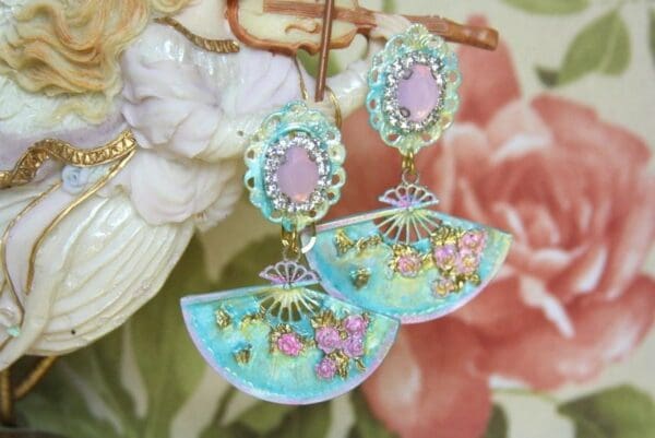 SOLD! 4081 Fan Victorian Hand Painted Fan Hands Dangle Earrings Studs
