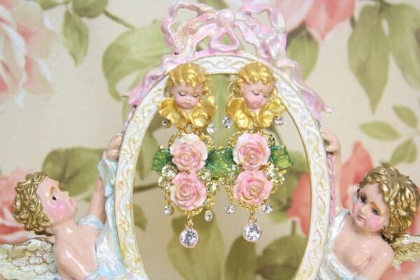 SOLD! 4084 Baroque Hand Painted Cherubs Angels Roses Earrings Studs - Image 3