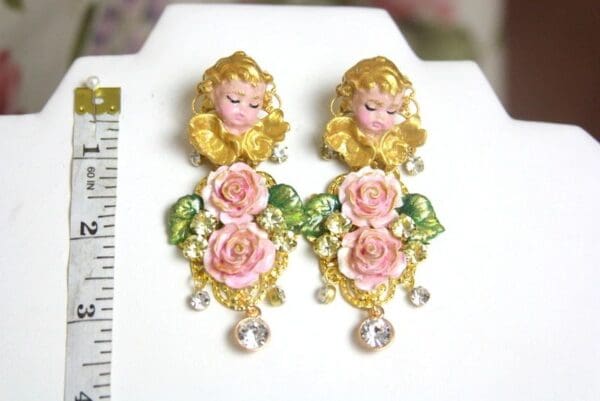 SOLD! 4084 Baroque Hand Painted Cherubs Angels Roses Earrings Studs - Image 8