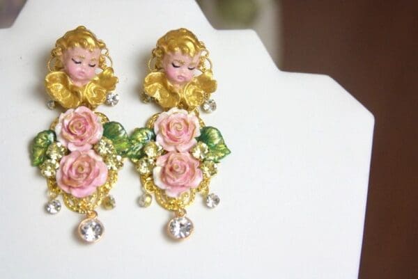 SOLD! 4084 Baroque Hand Painted Cherubs Angels Roses Earrings Studs - Image 9