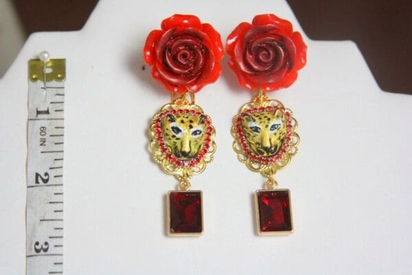 SOLD! 4115 Baroque Hand Painted Enamel Tiger Rose Earrings Studs - Image 5