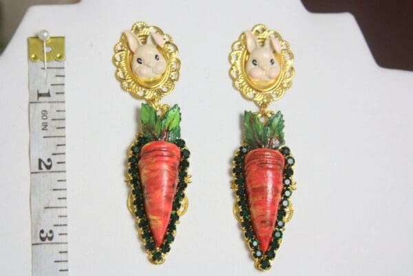 SOLD! 4122 Baroque Rabbit Carrot Unusual Hand Painted Earrings Studs - Image 6