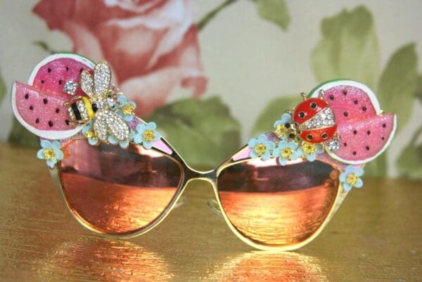 SOLD! 4132 Baroque Pink Watermelon Bee Ladybug Embellished Sunglasses