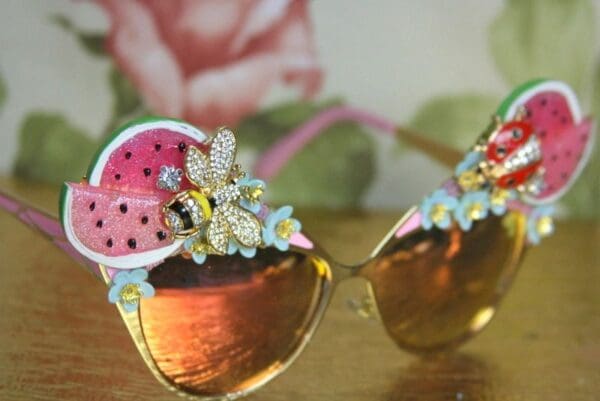 SOLD! 4132 Baroque Pink Watermelon Bee Ladybug Embellished Sunglasses - Image 2