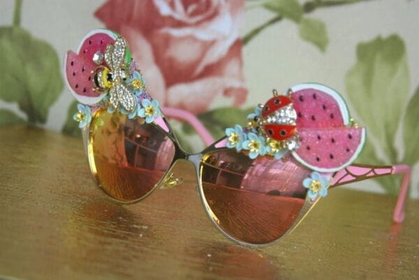 SOLD! 4132 Baroque Pink Watermelon Bee Ladybug Embellished Sunglasses - Image 3