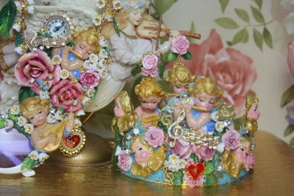 SOLD! 4133 Baroque Cherubs Angels Tall Hand Painted Crown Headband