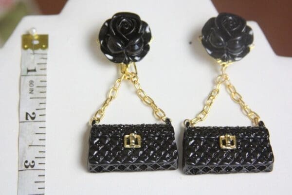 SOLD! 4143 Runway Baroque Handbag Black Rose Earrings Studs - Image 7
