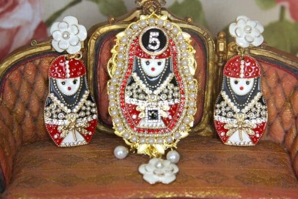 SOLD! 4144 Set Of Russian Matryoshka Enamel Coco Huge Unusual Pearl Brooch+ Earrings