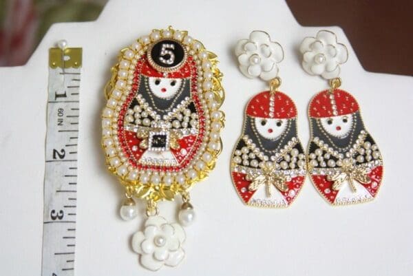 SOLD! 4144 Set Of Russian Matryoshka Enamel Coco Huge Unusual Pearl Brooch+ Earrings - Image 7