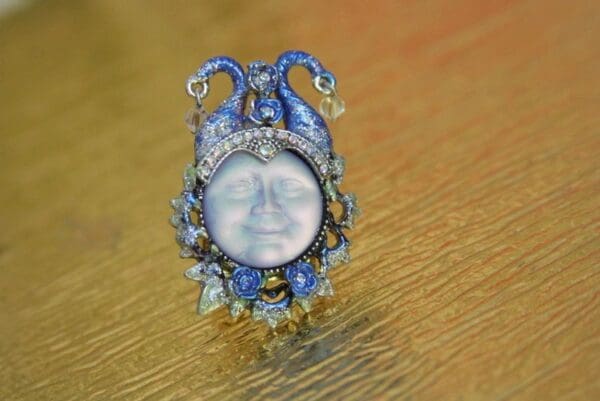 SOLD! 4156 Iridescent Moon Face Hand Painted Sterling Silver Adjustable Cocktail Huge Ring - Image 3