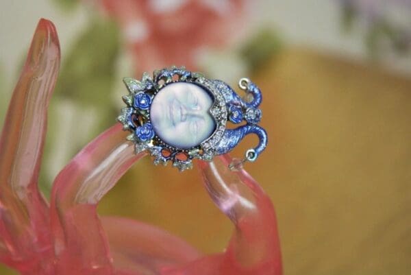 SOLD! 4156 Iridescent Moon Face Hand Painted Sterling Silver Adjustable Cocktail Huge Ring - Image 6