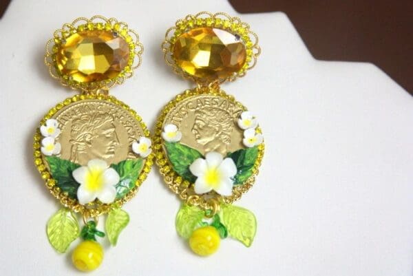 SOLD! 4157 Baroque Runway Lemon Flower Roman Coin Yellow Crystal Studs Earrings - Image 8