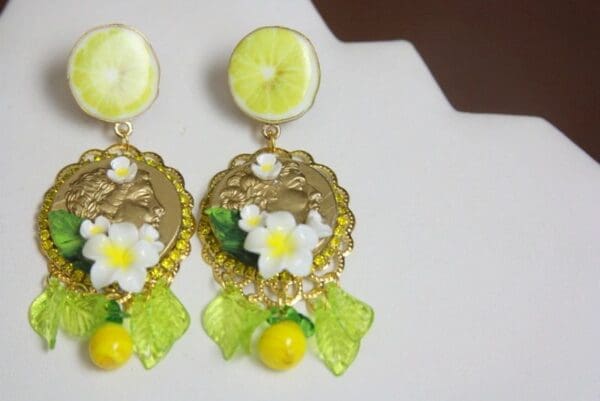 SOLD! 4158 Baroque Runway Lemon Enamel Flower Roman Coin Yellow Crystal Studs Earrings - Image 8