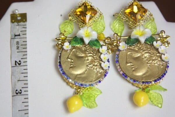 SOLD! 4159 Baroque Runway Lemon Enamel Flower Large Roman Coin Yellow Crystal Studs Earrings - Image 6
