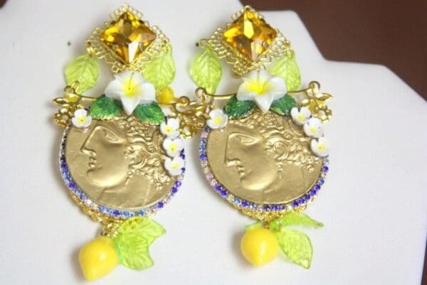SOLD! 4159 Baroque Runway Lemon Enamel Flower Large Roman Coin Yellow Crystal Studs Earrings - Image 7