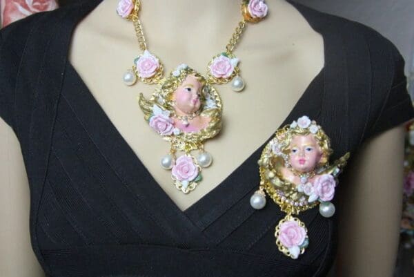 SOLD! 4175 Total Baroque Hand Painted Chubby Cherub Angel Roses Huge Brooch