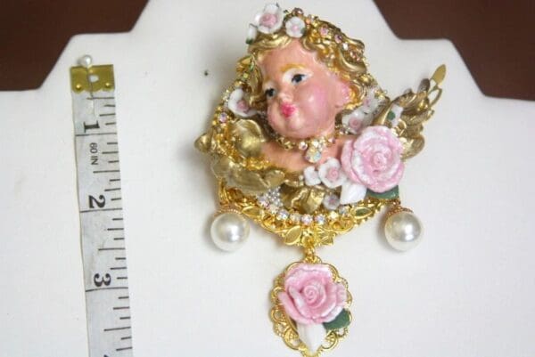 SOLD! 4175 Total Baroque Hand Painted Chubby Cherub Angel Roses Huge Brooch - Image 8