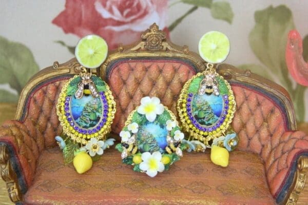 SOLD! 4176 Taormina Sicilian Lemons Enamel Bees Adjustable Cocktail Huge Ring - Image 8