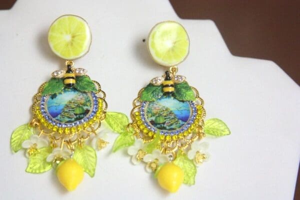 SOLD! 4177 Baroque Italian Tile Taormina Lemon Enamel Bee Fruit Hand Painted Crystal Studs - Image 3