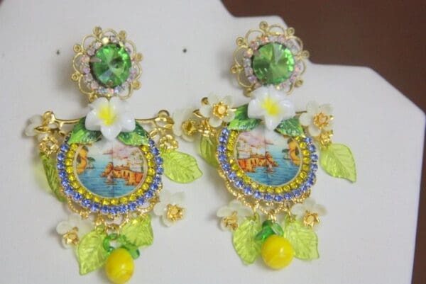 SOLD! 4178 Baroque Italian Tile Taormina Lemon Enamel Bee Green Crystal Hand Painted Crystal Studs - Image 3