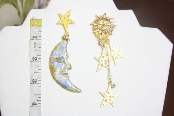 SOLD! 4194 Irregular Hand Painted Moon Stars Sun Earrings Studs - Image 6