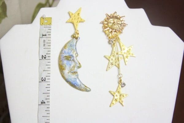 SOLD! 4194 Irregular Hand Painted Moon Stars Sun Earrings Studs - Image 7