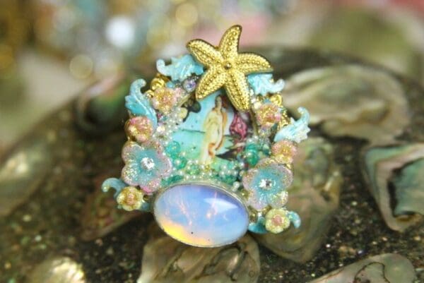 SOLD! 4203 Birth Of Venus Huge Cocktail Shell Moon Stone Pearl Adjustable Ring - Image 5