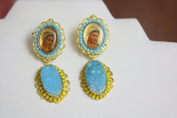 SOLD! 4207 Virgin Mary Madonna Genuine Druzy Agate Earrings Studs - Image 6