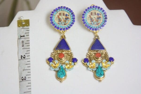 SOLD! 4214 Egyptian Revival Genuine Turquoise Lapis Cameo Earrings Studs - Image 6