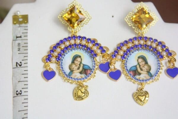 SOLD! 4215 Madonna Virgin Mary Blue Cameo Earrings Studs - Image 6