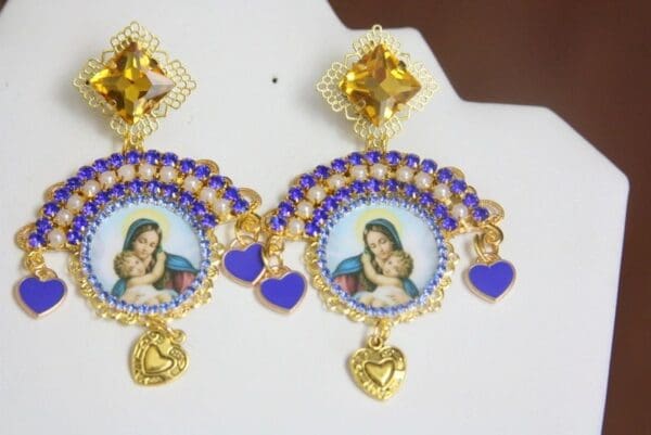 SOLD! 4215 Madonna Virgin Mary Blue Cameo Earrings Studs - Image 7