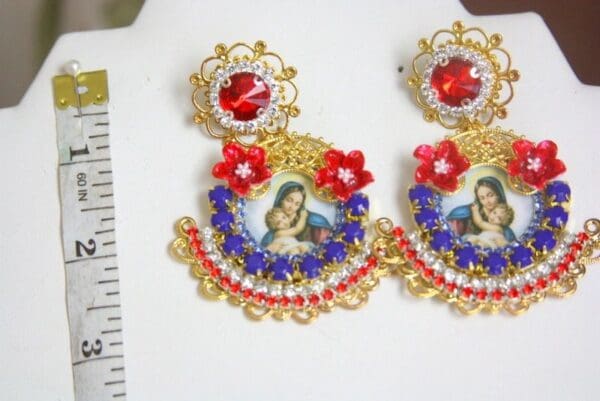 SOLD! 4216 Madonna Virgin Mary Blue Red Orchid Cameo Earrings Studs - Image 4