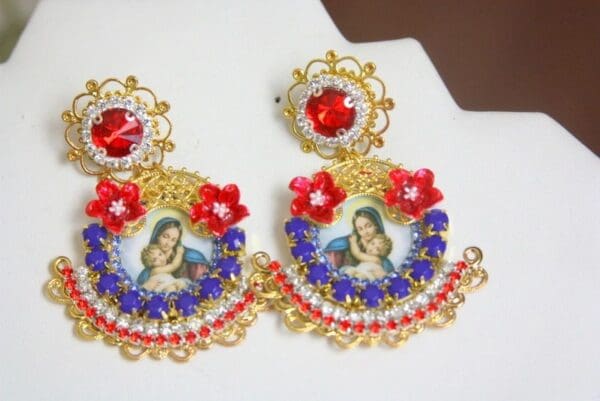 SOLD! 4216 Madonna Virgin Mary Blue Red Orchid Cameo Earrings Studs - Image 5
