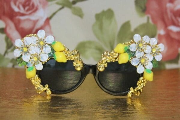 SOLD! 4221 Baroque Lemon Fruit Gold Dust Enamel Bees Embellished Sunglasses - Image 7