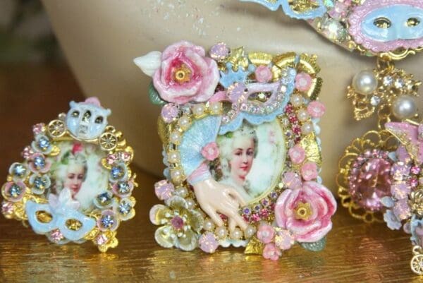 SOLD! 4230 Victorian Marie Antoinette Fan Mask Hand Painted Huge Crystal Brooch